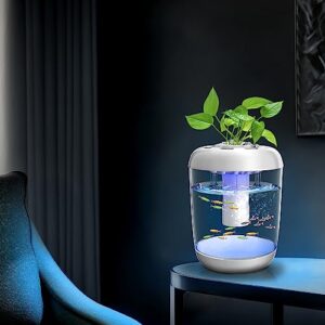 Betta Fish Tank 360° Small Aquarium Starter Kits with 7 Colors LED Lighting and Power Filter, Self-Cleaning and Grows Planter, Desktop Mini Amphibious Aquarium for Shrimp Betta Small Fish, 1.2 Gallon