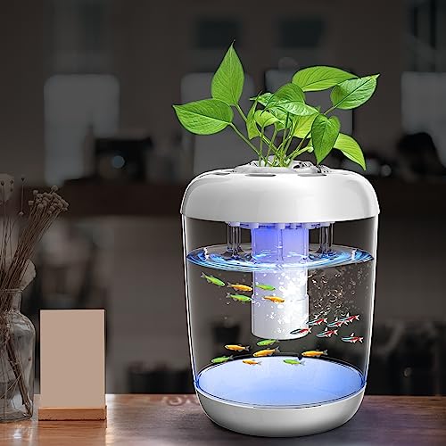 Betta Fish Tank 360° Small Aquarium Starter Kits with 7 Colors LED Lighting and Power Filter, Self-Cleaning and Grows Planter, Desktop Mini Amphibious Aquarium for Shrimp Betta Small Fish, 1.2 Gallon