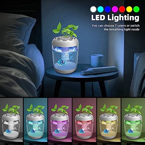 Betta Fish Tank 360° Small Aquarium Starter Kits with 7 Colors LED Lighting and Power Filter, Self-Cleaning and Grows Planter, Desktop Mini Amphibious Aquarium for Shrimp Betta Small Fish, 1.2 Gallon