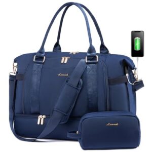 gym bag for women lovevook travel duffel bag, navy blue with usb charging port,weekender bags for women with shoe compartment,carry on overnight bag with toiletry bag,hospital bags for labor and deliver