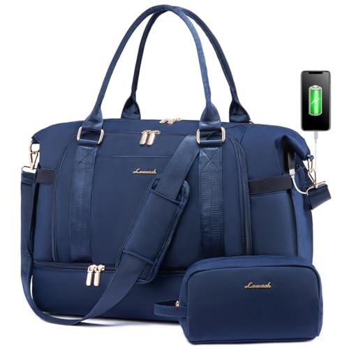 Gym Bag for Women LOVEVOOK Travel Duffel Bag, Navy Blue with USB Charging Port,Weekender Bags for Women with Shoe Compartment,Carry on Overnight Bag with Toiletry Bag,Hospital Bags for Labor and Deliver