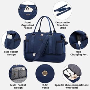 Gym Bag for Women LOVEVOOK Travel Duffel Bag, Navy Blue with USB Charging Port,Weekender Bags for Women with Shoe Compartment,Carry on Overnight Bag with Toiletry Bag,Hospital Bags for Labor and Deliver