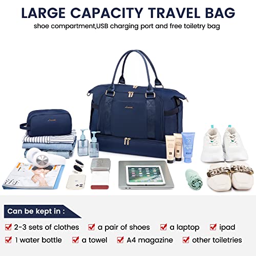 Gym Bag for Women LOVEVOOK Travel Duffel Bag, Navy Blue with USB Charging Port,Weekender Bags for Women with Shoe Compartment,Carry on Overnight Bag with Toiletry Bag,Hospital Bags for Labor and Deliver