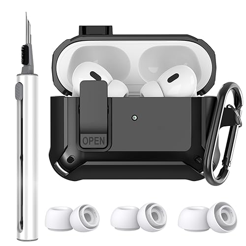 for AirPods Pro 2nd/1st Generation Case Cover with Cleaner kit &3 Pairs Replacement Ear Tips with Noise Reduction Hole(S/M/L),with Secure Lock Protective for Apple AirPods Pro 2022/2019 Charging Case