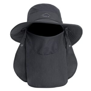 men's wide brim sun fishing hat outdoor upf 50+ sun protection with removable face and neck flap dark grey