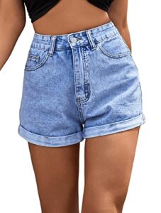 sweatyrocks women's high rise hem straight leg roll up denim jean shorts with pocket light wash medium