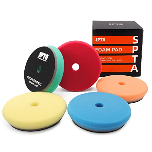 SPTA HD Buffing Polishing Pads, 5 Inch Orbital Buffer Pads Hook and Loop Buffing Pads, Foam Polish Pad 5 Grits from Coarse to Fine for 5 Inch DA Rotary Polisher Compounding, Polishing and Waxing