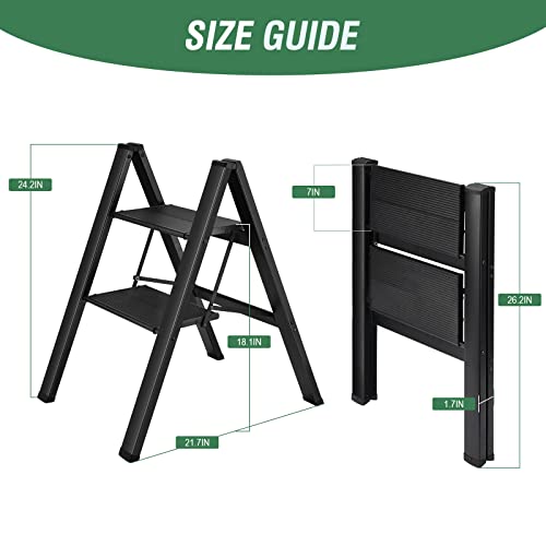 HBTower 2 Step Ladder, Aluminum Ladder, Folding Step Stool for Adults, 330LBS Capacity Sturdy& Portable Ladder for Home Kitchen Library Office, Black