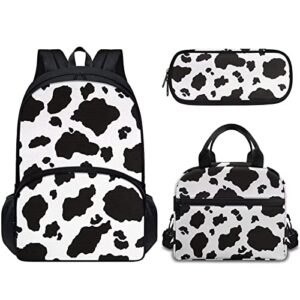 joaifo kids school backpack with lunch box and pencil case set of 3,classic black-white cow print bookbag for girls boys cute backpack for school aesthetic