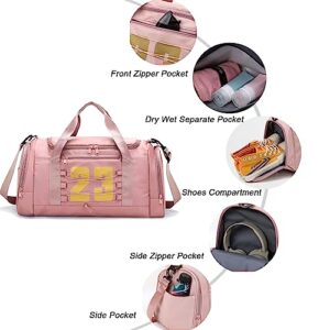 Sports Gym Bag for Women, Travel Duffle Bag Carry On Weekender Bag with Shoes Compartment & Wet Pocket, Overnight Bag Training Handbag Yoga Bag, Gym Tote Bag for Travel, Workout, Sport - Pink