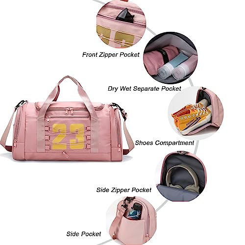 Sports Gym Bag for Women, Travel Duffle Bag Carry On Weekender Bag with Shoes Compartment & Wet Pocket, Overnight Bag Training Handbag Yoga Bag, Gym Tote Bag for Travel, Workout, Sport - Pink