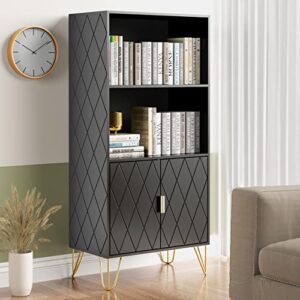 anbuy black open shelf bookcase with doors, floor standing display cabinet rack with gold legs, wooden bookshelf for home decor furniture for home, office, living room, bedroom