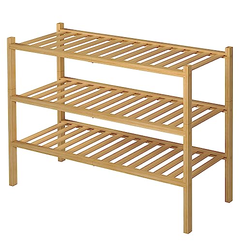 ROMGUAR CRAFT 3 Tier Bamboo Shoe Rack for Closet Free Standing Wood Shoe Shelf for Entryway Small Space Stackable 27"x11"x20" (Natural)