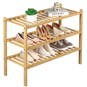 romguar craft 3 tier bamboo shoe rack for closet free standing wood shoe shelf for entryway small space stackable 27"x11"x20" (natural)