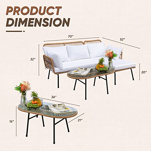 Devoko Outdoor Patio Furniture Set, Outdoor Sectional Conversation Rope Woven L-Shaped Sofa Set with Patio Table and Thick Cushions for Backyard Porch Balcony Garden, White