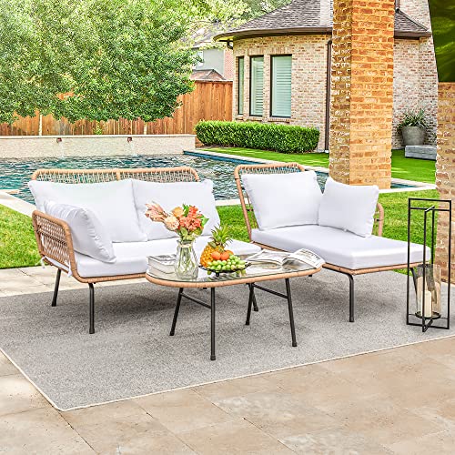 Devoko Outdoor Patio Furniture Set, Outdoor Sectional Conversation Rope Woven L-Shaped Sofa Set with Patio Table and Thick Cushions for Backyard Porch Balcony Garden, White