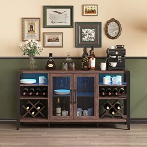 vabches wine bar cabinet for liquor & glasses, farmhouse coffee with led strip, home living room dining room, sideboard buffet storage, 58 in(l), dark brown (d8l235br02)