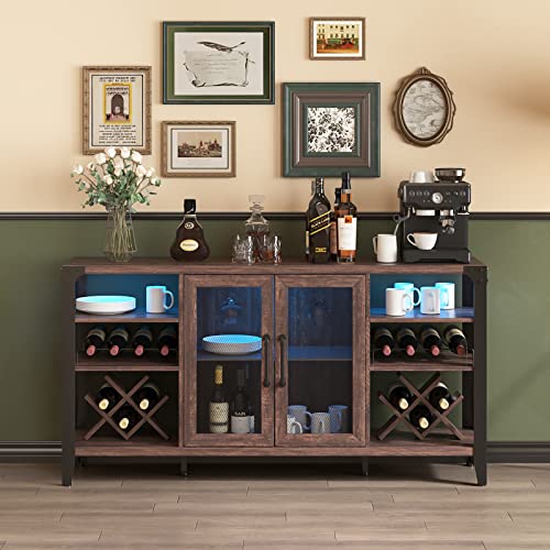 Vabches Wine Bar Cabinet for Liquor & Glasses, Farmhouse Coffee with LED Strip, Home Living Room Dining Room, Sideboard Buffet Storage, 58 in(L), Dark Brown (D8L235BR02)