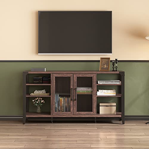 Vabches Wine Bar Cabinet for Liquor & Glasses, Farmhouse Coffee with LED Strip, Home Living Room Dining Room, Sideboard Buffet Storage, 58 in(L), Dark Brown (D8L235BR02)