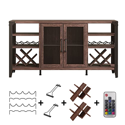 Vabches Wine Bar Cabinet for Liquor & Glasses, Farmhouse Coffee with LED Strip, Home Living Room Dining Room, Sideboard Buffet Storage, 58 in(L), Dark Brown (D8L235BR02)