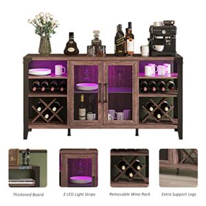 Vabches Wine Bar Cabinet for Liquor & Glasses, Farmhouse Coffee with LED Strip, Home Living Room Dining Room, Sideboard Buffet Storage, 58 in(L), Dark Brown (D8L235BR02)