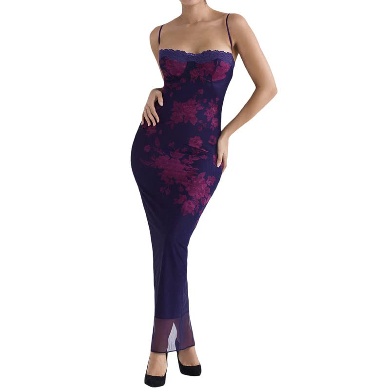 Women Y2k Spaghetti Strap Stain Maxi Dress 2023 Summer Sleeveless Deep V Neck Lace Patchwork Bodycon Midi Party Dress Purple