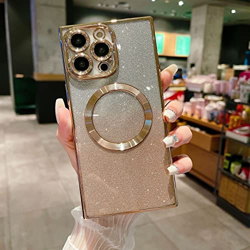Misscase for iPhone 14 Pro Square Case Compatible with MagSafe, Full Protection Magnetic Glitter Camera Lens Protector Anti-Scratch Dust-Proof Net Cover Gold, (SH-0426-i14P4)