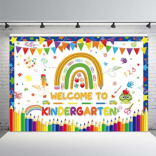 MEHOFOND 7x5ft Welcome to Kindergarten Backdrop Pencil Rainbow Back to School Bash Banner Classroom Party Decorations Homecoming Children Photography Background Prop Gift