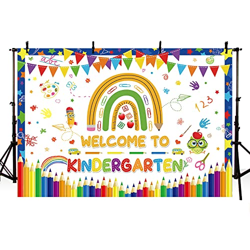 MEHOFOND 7x5ft Welcome to Kindergarten Backdrop Pencil Rainbow Back to School Bash Banner Classroom Party Decorations Homecoming Children Photography Background Prop Gift