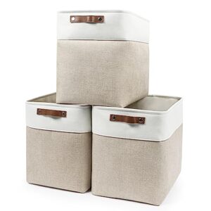 bagnizer large fabric storage baskets | 50l storage bins, decorative linen closet baskets with handles for organizing, shelf, toys, clothes, home, office, nursery, 17x12x15inches (beige&white)