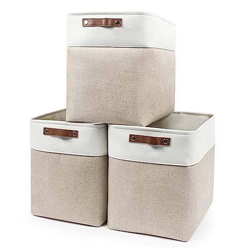 Bagnizer Large Fabric Storage Baskets | 50L Storage Bins, Decorative Linen Closet Baskets with Handles for Organizing, Shelf, Toys, Clothes, Home, Office, Nursery, 17x12x15Inches (Beige&White)