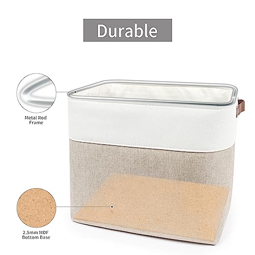 Bagnizer Large Fabric Storage Baskets | 50L Storage Bins, Decorative Linen Closet Baskets with Handles for Organizing, Shelf, Toys, Clothes, Home, Office, Nursery, 17x12x15Inches (Beige&White)