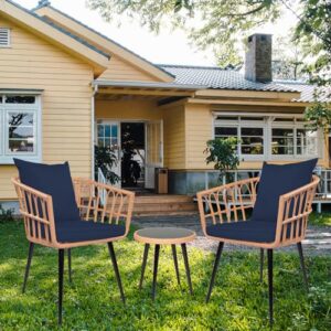 koruiten 3-piece patio bistro sets, outdoor wicker dining conversation furniture sets with cushions, tempered glass side table and 2 patio porch chairs for balcony, backyard (dark blue)