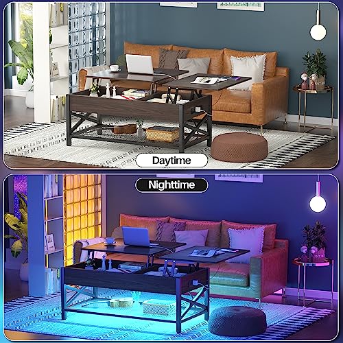 Aheaplus Coffee Table, Lift Top Coffee Table with LED light and Power Outlet, Modern Lift-Top Table with Storage Shelf, Center Table for Living Room with Lift Tabletop, X Support Metal Frame, Espresso