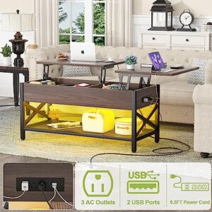 Aheaplus Coffee Table, Lift Top Coffee Table with LED light and Power Outlet, Modern Lift-Top Table with Storage Shelf, Center Table for Living Room with Lift Tabletop, X Support Metal Frame, Espresso