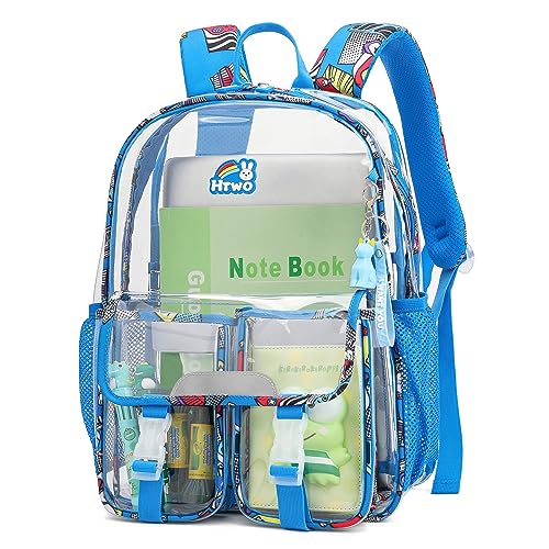 HTWO Clear Backpack, PVC Stadium Approved Backpacks, School Bookbag Suitable for Boys, With Pendant (Dark Blue)