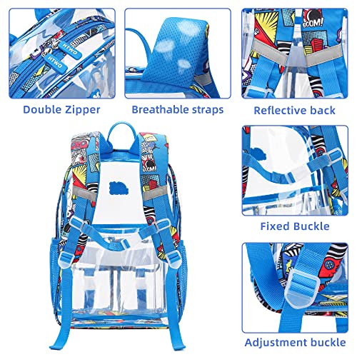 HTWO Clear Backpack, PVC Stadium Approved Backpacks, School Bookbag Suitable for Boys, With Pendant (Dark Blue)