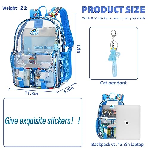 HTWO Clear Backpack, PVC Stadium Approved Backpacks, School Bookbag Suitable for Boys, With Pendant (Dark Blue)