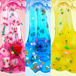 Keemanman Slime Kit - 3 Pack Jelly Cube Clear Crunchy Slime with Stitch, Watermelon and Pineapple Charms, Preppy and Aesthetic Stuff, Cute Stress Toys and Cool Birthday Gifts Ideas for Girls and Boys