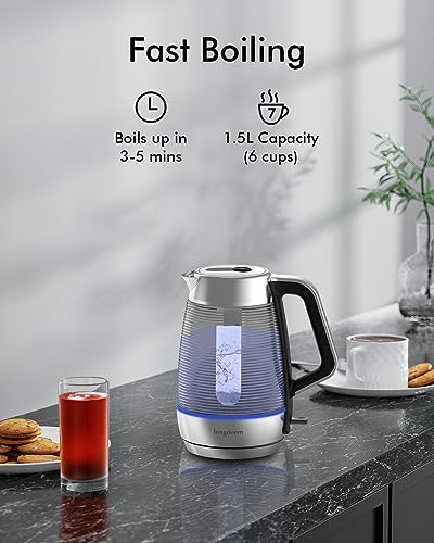 1.5L Double-Walled Cool Touch Electric Tea Kettle, Sleek and Heat-Resistant Glass Body with LED Light Indicator, Wide-Open Lid, BPA-Free, Fast Heating 1500W for Hot Water and Tea, Silver