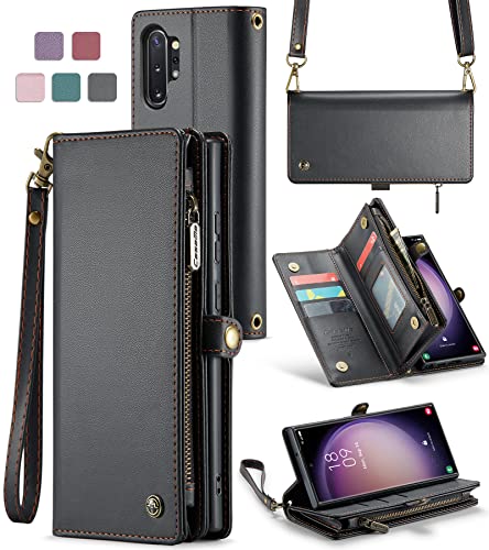 ASAPDOS Samsung Galaxy Note 10+ Plus 6.8” Case Wallet,Retro PU Leather Strap Wristlet Flip Case with Magnetic Closure,[RFID Blocking] Card Holder and Kickstand for Men Women Black