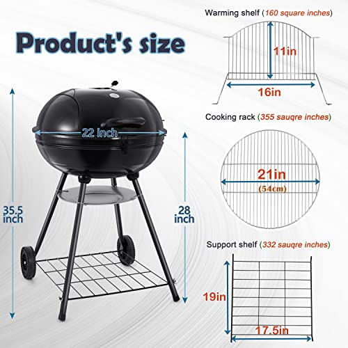 HaSteeL 22 Inch Charcoal Grill, 2 Layer Grilling Racks Heavy Duty Kettle Outdoor BBQ Grill, Large 355 Square Inches for Camping Backyard Picnic Patio Barbecue Cooking, Round Black Enamel Lid & Bowl