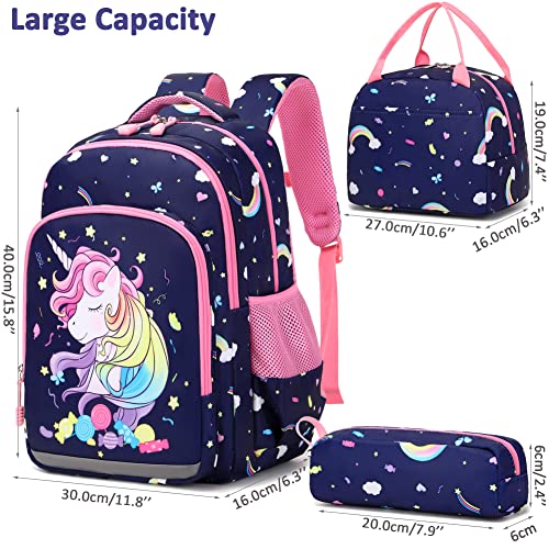 Meisohua Unicorn Backpack for Girls School Backpack 3 in 1 Set Elementary Kindergarten School Bags for Girls with Chest Strap and Lunch Tote Pencil Bag