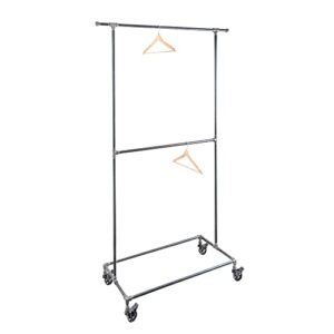 pipe decor 39” x 20 ¼” x 82” rolling steel pipe double rod clothing rack, commercial or residential industrial clothes display, heavy duty black steel metal wheeled garment frame