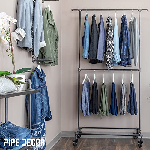 PIPE DECOR 39” x 20 ¼” x 82” Rolling Steel Pipe Double Rod Clothing Rack, Commercial or Residential Industrial Clothes Display, Heavy Duty Black Steel Metal Wheeled Garment Frame