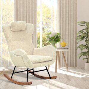 kvutx teddy upholstered nursery rocking chair - comfy beige glider rocker with padded seat, high backrest, and armrests for living room bedroom offices (beige)