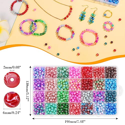 1000PCS Glass Beads for Jewelry Making Kit, 6mm Crystal Pattern Bead Stone Beaded, 28 Colors Bracelet Making Kit Loose Round Crackle Gemstone Beads for Men Women DIY Craft Necklace Earring Bracelet