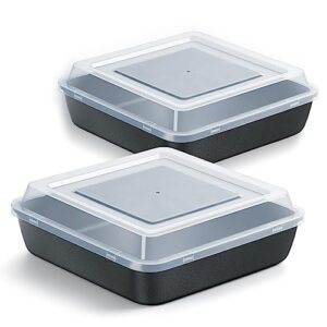 e-far 9x9 inch square baking pan with lid set, nonstick square cake pans metal bakeware for oven cooking lasagna brownies, stainless steel core & easy release, 4 pieces(2 pans+2 covers)