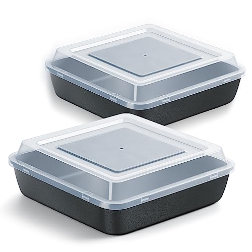 E-far 9x9 Inch Square Baking Pan with Lid Set, Nonstick Square Cake Pans Metal Bakeware for Oven Cooking Lasagna Brownies, Stainless Steel Core & Easy Release, 4 Pieces(2 Pans+2 Covers)