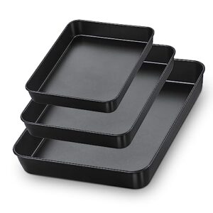 e-far nonstick baking pans set of 3, rectangle stainless steel sheet cake pan for toaster oven, 12.5/10.5/9.4 inch, black bakeware for brownie lasagna casserole cake, non-toxic & healthy, 2 inch deep